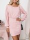 Women's Sheath Dress O Neck Solid Color High Waist Long Sleeve Dress - Pink