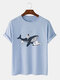Mens Astronaut Whale Print Crew Neck Short Sleeve Cotton T-Shirts - Light Blue