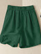 Pantalones cortos casuales de cintura elástica de algodón de color sólido para mujer - Verde