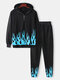 Mens Flame Print Half Zipper Hoodie Jogging Pants Cotton Two-Piece Sports Sets - Blue