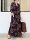 Floral Print Button Pocket Long Sleeve Casual Dress for Women - Navy