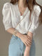 Puff Sleeve Lace Trim V-neck Solid Button Front Blouse - White