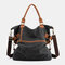 Women Casual Canvas Patchwork Large Capacity Tote Bag - Black