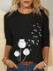 Casual Cartoon Cat Floral Print O-neck Long Sleeve T-shirt - Black