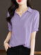 Solid Button Back Lapel Short Sleeve Blouse For Women - Purple
