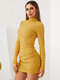 Solid Mock Neck Ribbed Knit Long Sleeve Mini Sexy Dress - Yellow