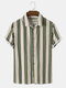 Mens Contrast Striped Lapel Collar Button Up Casual Short Sleeve Shirts - Green