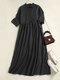 Solid Button Loose 3/4 Sleeve Lapel Casual Dress - Black