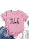 Cartoon Cat Printed O-Neck Short Sleeve T-shirt - Pink