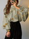Leopard Graphic Stand Collar Long Sleeve Elegant Blouse - Green