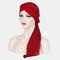Women Forehead Cross Beanie Hat Solid Color Fashion Chiffon With Long Tail  - Wine Red