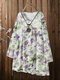 Floral Print Pleated V-neck Long Sleeve Plus Size Blouse Dress - White