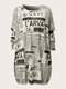 Большие размеры Винтаж Newspaper Шаблон Свитер с круглым вырезом и длинными рукавами - Бежевый