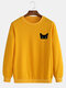 Mens Cotton Solid Color Casual Pullover Sweatshirts With Cartoon Black Cat - Yellow