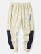 Mens Contrast Stitching Letter Embroidered Texture Preppy Drawstring Pants - Beige