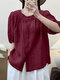 Feminino liso plissado botão frontal casual meia manga Camisa - Vinho vermelho