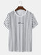 Mens Vertical Stripe Letter Print Casual Short Sleeve T-Shirts - White