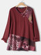 Frog Button Print Patchwork Long Sleeve Blouse For Women - Red