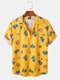 Mens Cartoon Dinosaur Print Revere Collar Loose Short Sleeve Shirts - Yellow