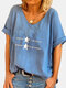 Star Printed V-neck Short Sleeve T-shirt For Women - Blue