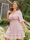 Plus Size V-neck Polka Dot Lace Wrap Ruffle Trim Dress - Pink