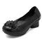 SOCOFY Leather Mid Heel Vintage Handmade Flower Original Soft Shoes - Black