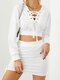 Solid Color Long Sleeve Knotted Hoodie Short Skirt Casual Set for Women - White
