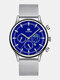 13 Colors Alloy Men Casual Business Fake Three-eye Sun Moon Star Mesh Strap Pointer Calendar Decorative Quartz Watches - Silver Band Silver Case Blue Dia