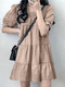 Puff Sleeve Square Collar A-line Solid Casual Dress - Khaki
