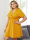 Plus Size Notch Collar Pocket Design Midi Dress - Yellow