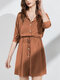 Solid Color Button Drawstring Knotted Lapel Collar Casual Dress - Khaki