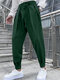 Cintura con cordón y puños pegajosos plisados lisos para hombre Pantalones - Verde