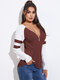Contrast Color Zip Front V-neck Long Sleeve Casual T-shirt - Wine Red