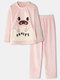 Women Plus Size Cute Pig Flannel Coral Fleece Thick Warm Home Casual Comfy Pajamas Set - Pink