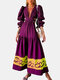 Cut Out Tie Deep V-neck Gathered Sleeve Bohemian Dress - Purple