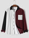 Mens Color Block Patchwork Chest Pocket Corduroy Long Sleeve Shirts - Wine Red