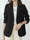 Women Solid Long Sleeve Button Front Lapel Blazer - Black