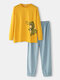 Cute Dinosaur Boy Print Long Sleeve Jogger Pants Casual Pajamas Sets Cotton Homewear For Men - Yellow