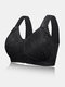 Women Wireless Front Zipper Gather Lace Trims Breathable Comfy Wide Straps Bra - Black