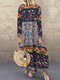 Vintage Floral Printed Long Sleeve Plus Size Maxi Dress - Blue