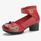 Vintage Frog Buttons Hook Loop Casual Leather Pumps - Red