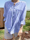 Floral Print Stand Collar Knotted 3/4 Sleeve Button Loose Blouse - Blue