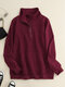 Solid Zip Front Pocket Long Sleeve Lapel Women Sweatshirt - Wine Red