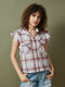 Chemise boutonnée à revers avec poche à manches courtes et imprimé à carreaux - Vin rouge
