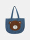 Women Bear Pattern Embroidered Handbag Shoulder Bag - Dark Blue