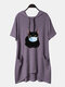 Cartoon Cat Printed Hooded Long Blouse With Pocket - Purple