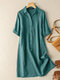 Сплошной лацкан с короткими рукавами и пуговицами спереди Рубашка Платье - Зеленый