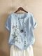 Floral Printed O-neck Short Sleeve Button T-shirt - Blue