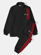 Mens Side Stripe Letter Embroidered Zip Jacket Corduroy Two Pieces Outfits - Black