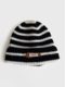 Unisex Knitted Jacquard Striped Letter PU Label Fashion Warmth Crimping Brimless Beanie Hat - Black